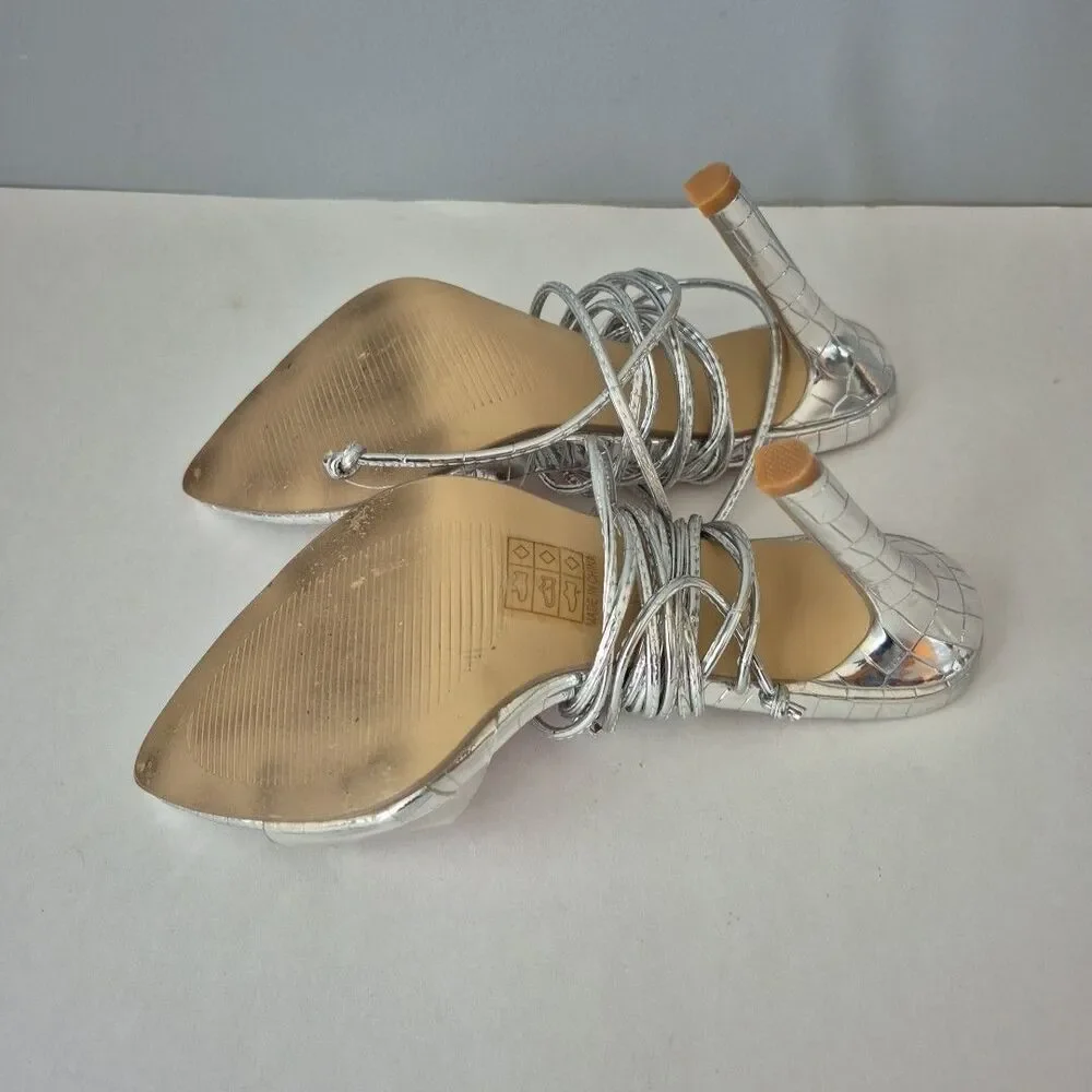 Boutique Silver Clear Open Toe Lace Up and Around the Calf High Heels Womens 6